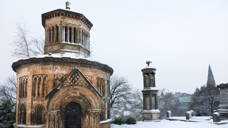 Visit Scotland to watch the Monteath mausoleum blanketed in snow in winter.