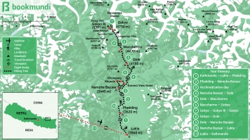 The Gokyo Lakes trek map shows the trekking route, start/end locations, landmarks, and suggested campsites in accordance with a standard itinerary. Gokyo Trek Map with Itinerary