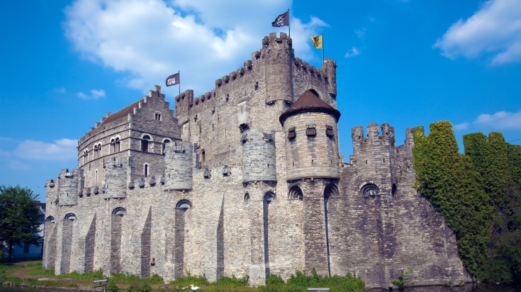 Gravensteen Castle on a clear day in Belgium.