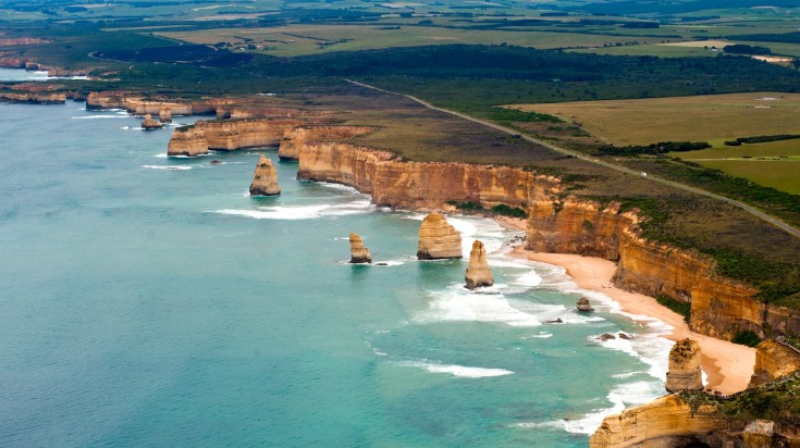 Great Ocean Road and Twelve Apostles from an aerial perspective on a clear day. 