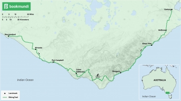 An overview map of the biking trail in The Great Ocean Road, Australia.