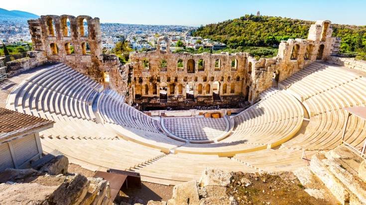 Ancient Amphitheater of Acropolis of Athens, landmark of Greece