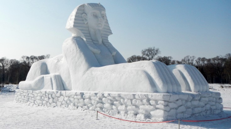 An ice sculpture of the Sphinx at the Harbin Ice Festival