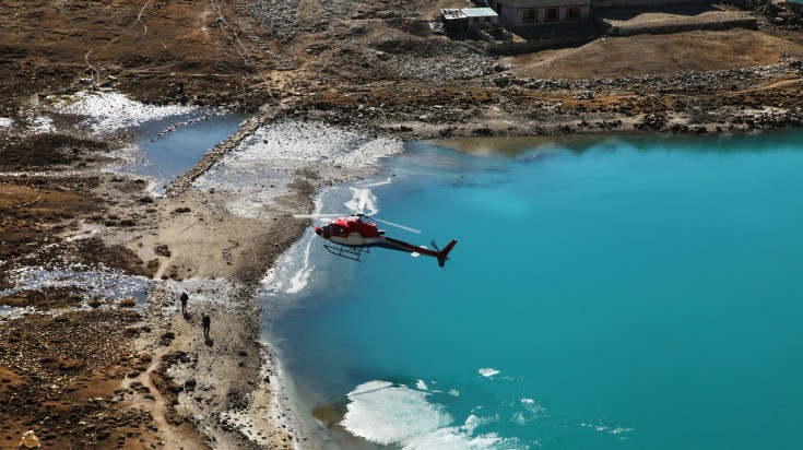 View the Gokyo Lakes on an helicopter while on an Everest Base Camp tour.