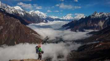 Hiker striking pose during the Manaslu Circuit Trek.