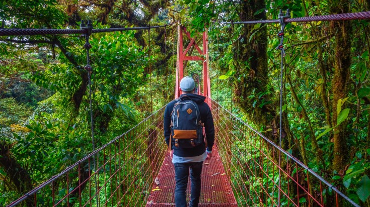 A hiker in the hanging bridge in the jungle of Monteverde Forest Reserve.