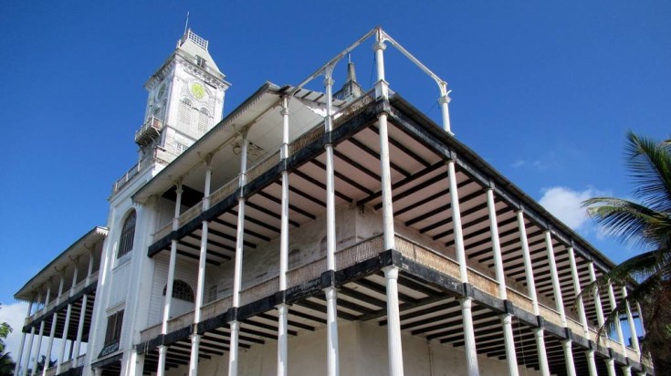 An up-close image of the House of Wonders in Stonetown, Zanzibar.