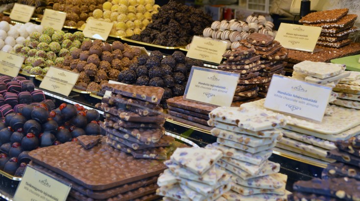 Variety of chocolate at a market in Budapest.