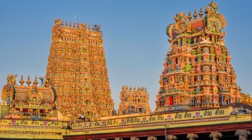 Elaborately carved and colored temples in India