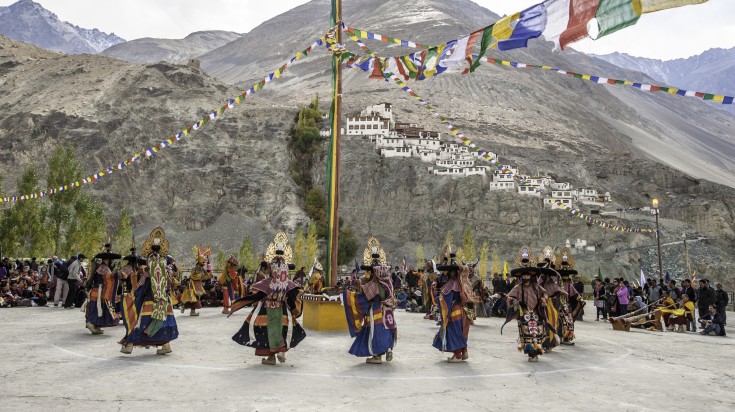 Traditional artists perform Cham dance in Diskit,Ladakh, India.