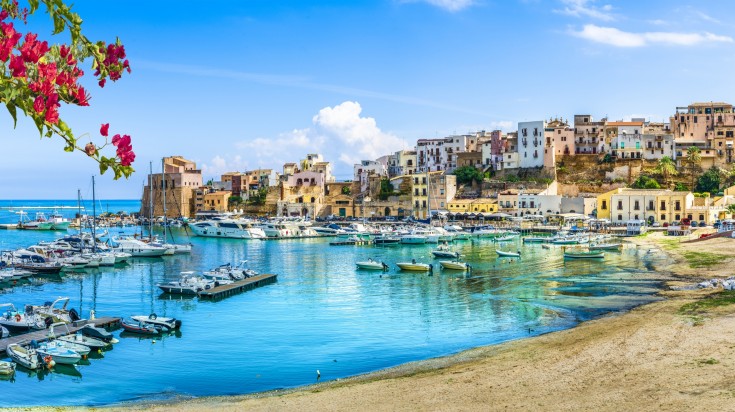 Amazing view of the coastal town Castellammare del Golfo in Sicily, Italy.