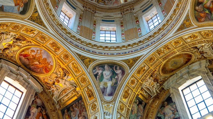 The vault and dome over the Sistine Chapel in Rome, Italy