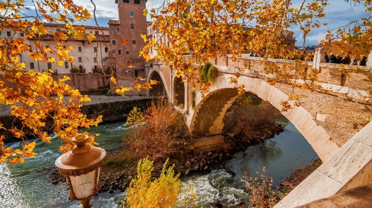 An ancient roman bridge in Tiber Island, Italy