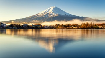 Mount Fuji with its reflection in the lake.