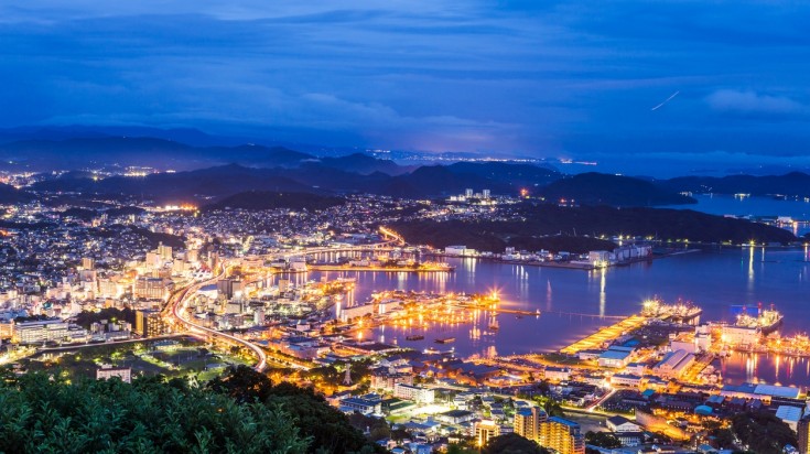 Sasebo downtown skyline at night, Nagasaki, Japan.