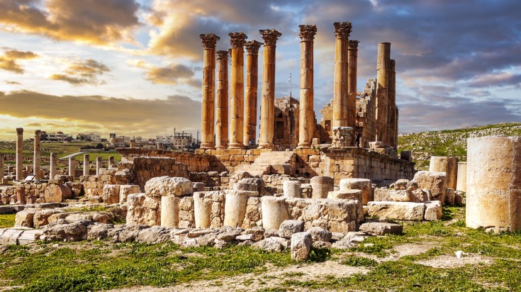Roman archeological remains in Jerash at sunset. Roman archeological remains in Jerash at sunset.