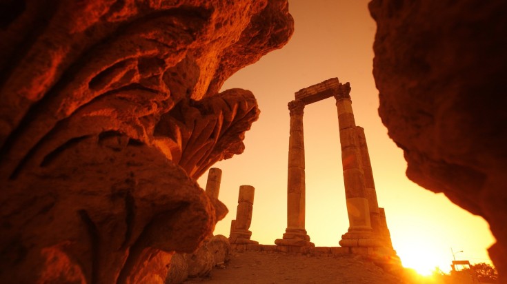 Ruins of the citadel Jabel al Qalah in the City Amman in Jordan in February