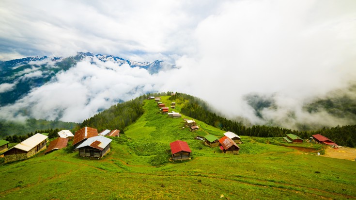 Small housing structures and foggy weather at Kackar Mountains.