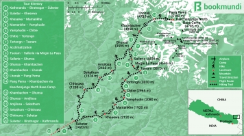 The Kanchenjunga trek map shows the trekking route, start/end locations, landmarks, and suggested campsites in accordance with a standard itinerary. Kanchenjunga Base Camp Trek