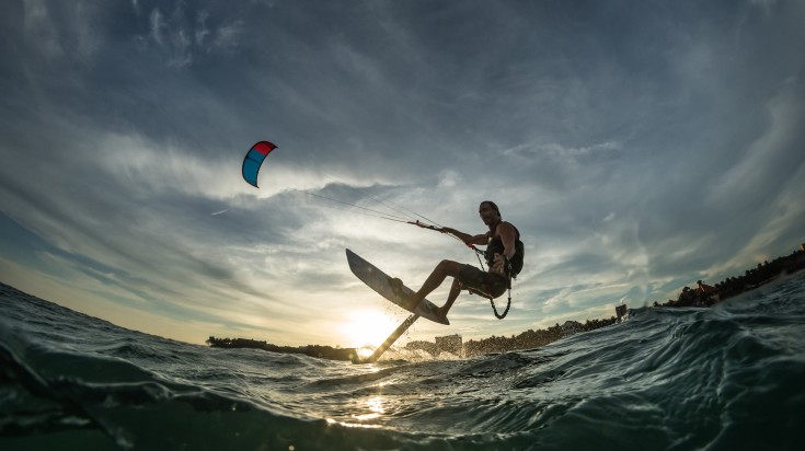 Kite surfer in his hydrofoilkite in summer in Vietnam.