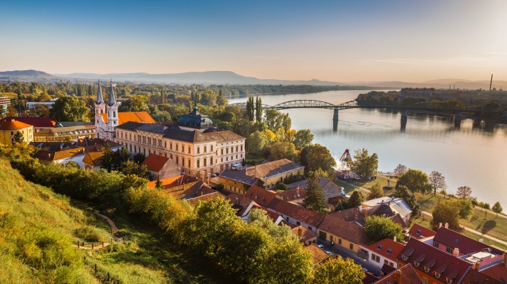 A view of Esztergom during sunset.