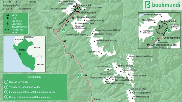 map showing the hiking trail of Laguna 69 map of laguna 69 hiking trail