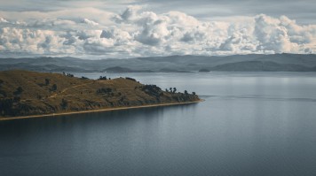 Ariel view of Lake Titicaca and Andes Mountains in Bolivia in February.