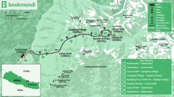 The Langtang trek map shows the trekking route, start/end locations, landmarks, and suggested campsites in accordance with a standard itinerary. Langtang Trek Map with Itinerary