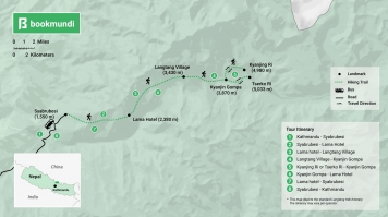 The map shows the Langtang trek route with the start and end locations, and the landmarks in between, based on a standard itinerary. Langtang Trek Map