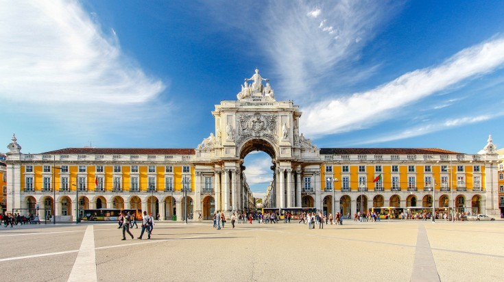 Famous arch at the Praca do Camercio during a clear day in Lisbon, Portugal