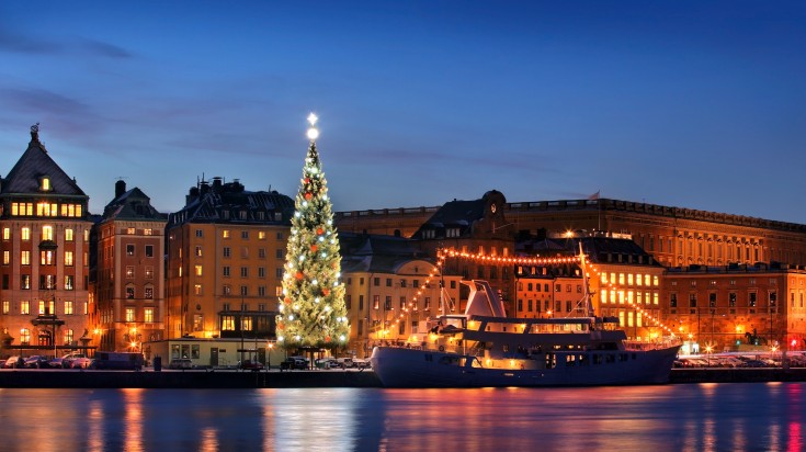 The lit up Christmas tree in the city of Stockholm in Sweden in December.