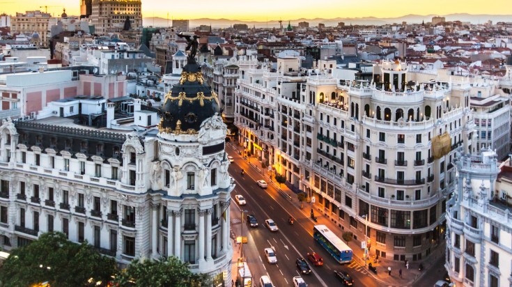 Gran Via in Central Madrid in the evening.