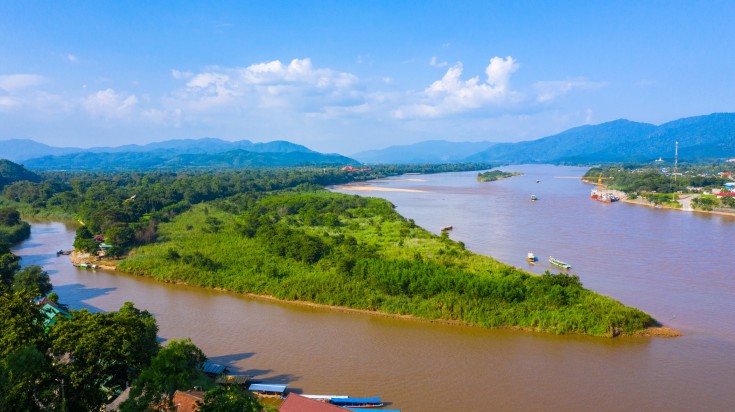 Aerial view of Mekong River in Chiang Rai on a clear day in Thailand.