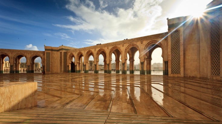 Sparkling marble arcade of Hamman II Mosque on a Sunny Day