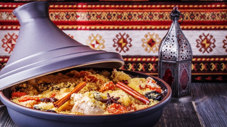 Traditional moroccan tajine of chicken with dried fruits and spices, select