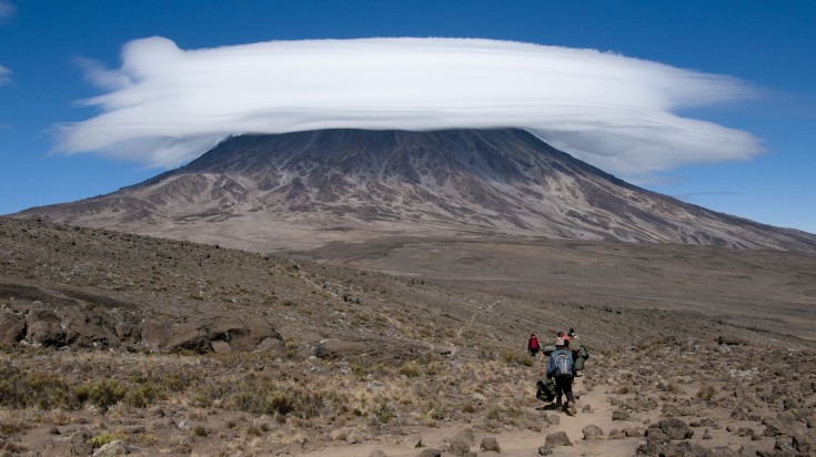 A group of porters walking towards Mount Kilianjaro.