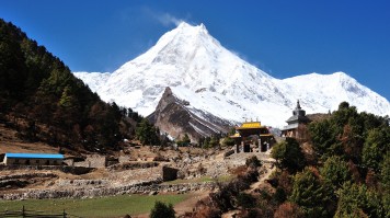 View of Mount Manaslu on a bright day.