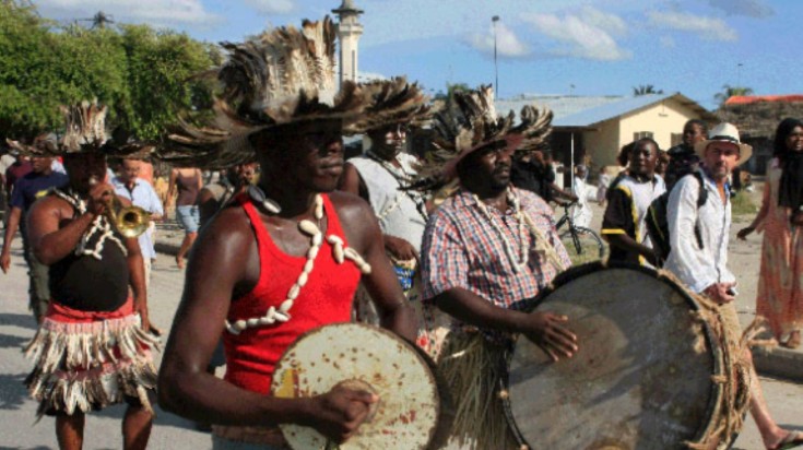 Men in their tribal constumes during the Mwaka Kogwa festival.