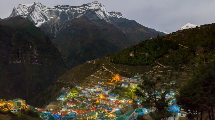 A view of Namche Bazar, the capital of the Everest region, just before the sun sets.