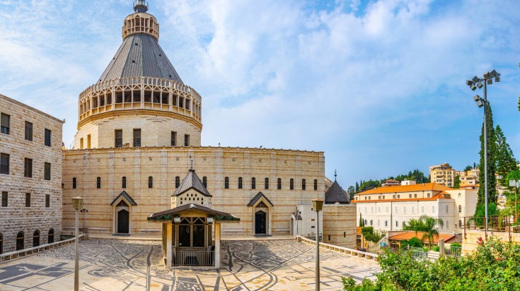 Basilica of the annunciation in Nazareth during cloudy day in Israel.