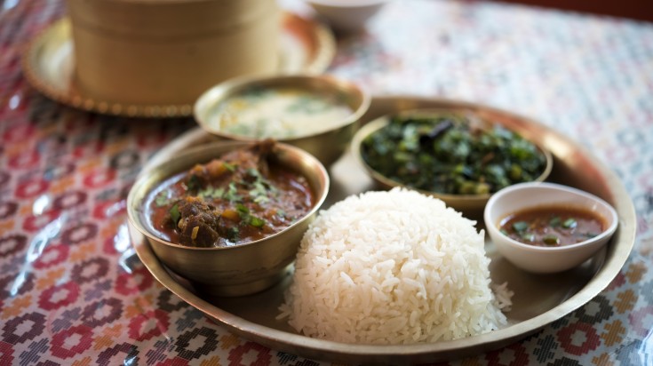 A plate of  traditional Nepalese dal bhat in a restaurant