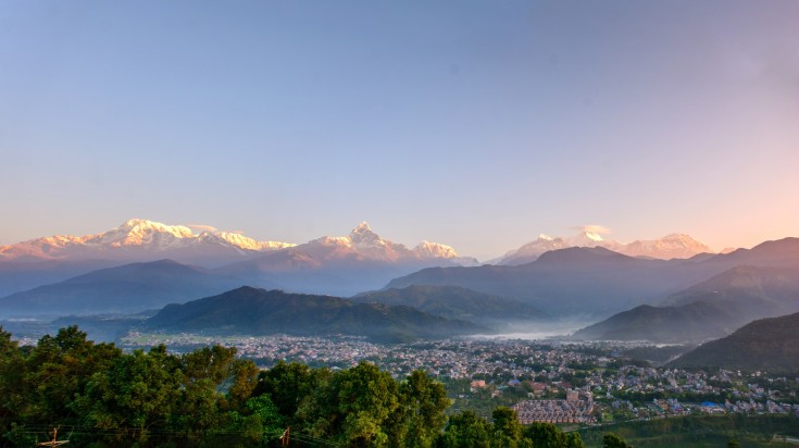 Beautiful sunrise over the mountain range of Annapurna in Nepal in December