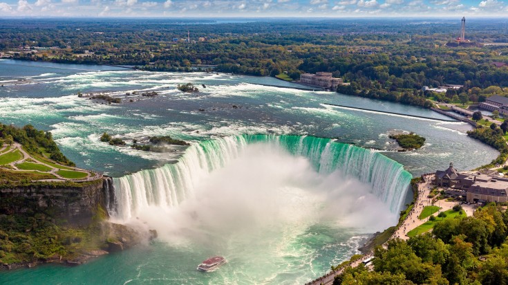 Panoramic aerial view of the Nigara Falls on a cloudy day in Canada.