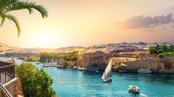 Panorama of Nile River during dusk in Egypt.