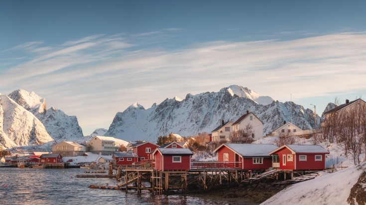 View of Scandinavian village in Lofoten Islands, Norway in November