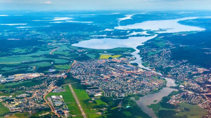 View of Lillestrom town from an airplane, Norway in October