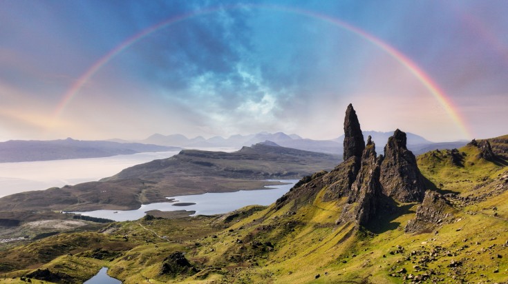 Rainbow over the Old Man of Storr on the Isle of Skye in Scotland