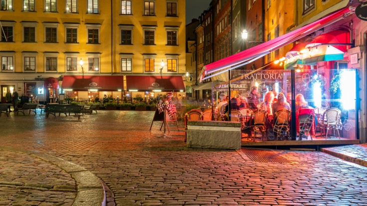 Outdoor restaurant in Stockholmn, Sweden in April.