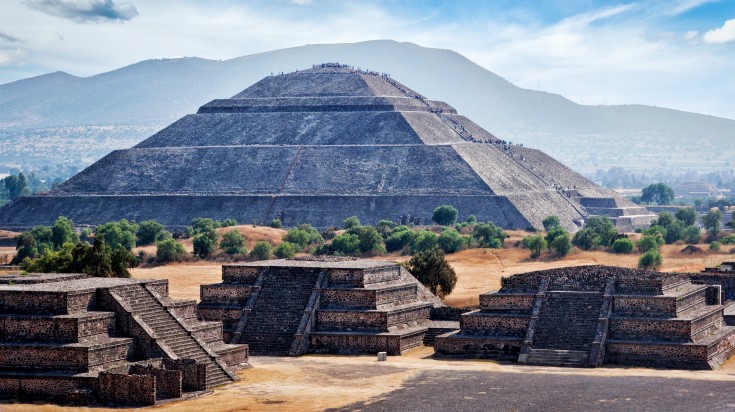 Teotihuacan, with its Pyramid of the Sun, Pyramid of Moon and Temple of Quetzalcoatl, was one of the largest urban centers in the ancient world. Panorama of Teotihuacan Pyramids