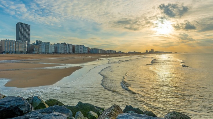 The peaceful setting of the Ostend Beach during March in Belgium.